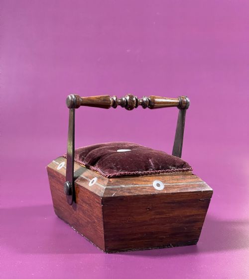 ANTIQUE TREEN ROSEWOOD COTTON REEL PANNIER BASKET PIN CUSHION - ADDITIONAL PHOTO 3