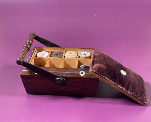ANTIQUE TREEN ROSEWOOD COTTON REEL PANNIER BASKET PIN CUSHION - ADDITIONAL PHOTO 5