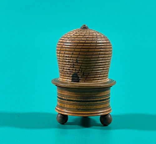 an early 1800s painted tunbridge ware pin poppet and storage box in the form of a bee skep - CATEGORY: ANTIQUE BOXES - DATED GEORGIAN
