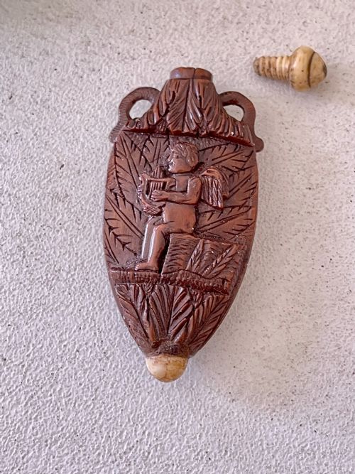 ANTIQUE TREEN CARVED COQUILLA NUT SCENT FLASK - ADDITIONAL PHOTO 4