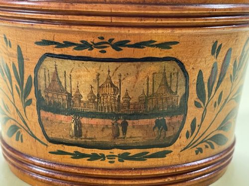 AN EARLY TUNBRIDGE WARE PAINTED CIRCULAR SEWING BOX - ADDITIONAL PHOTO 3