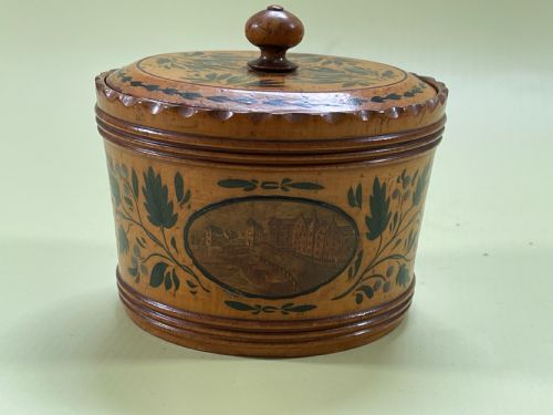 AN EARLY TUNBRIDGE WARE PAINTED CIRCULAR SEWING BOX - ADDITIONAL PHOTO 6