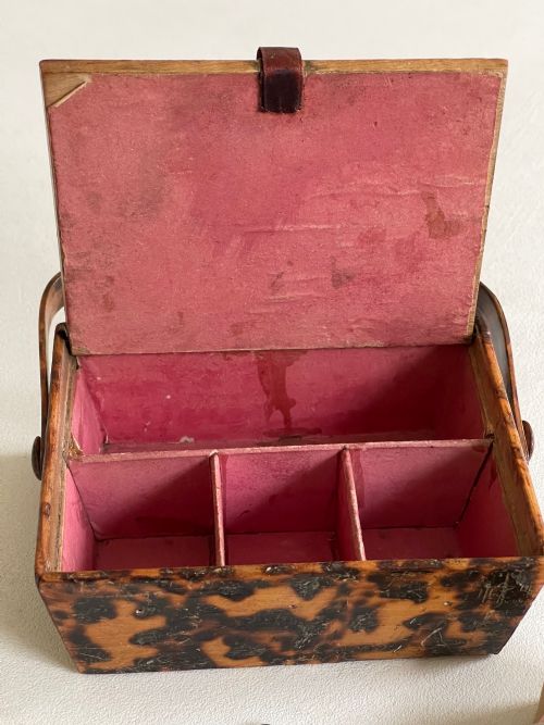 AN UNUSUAL EARLY TUNBRIDGE WARE SEWING PANNIER DECORATED WITH HOT POKER WORK - ADDITIONAL PHOTO 6