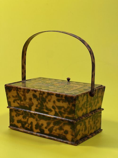 antique poker work sewing pannier with drawer - CATEGORY: ANTIQUE MISCELLANEOUS - DATED GEORGIAN