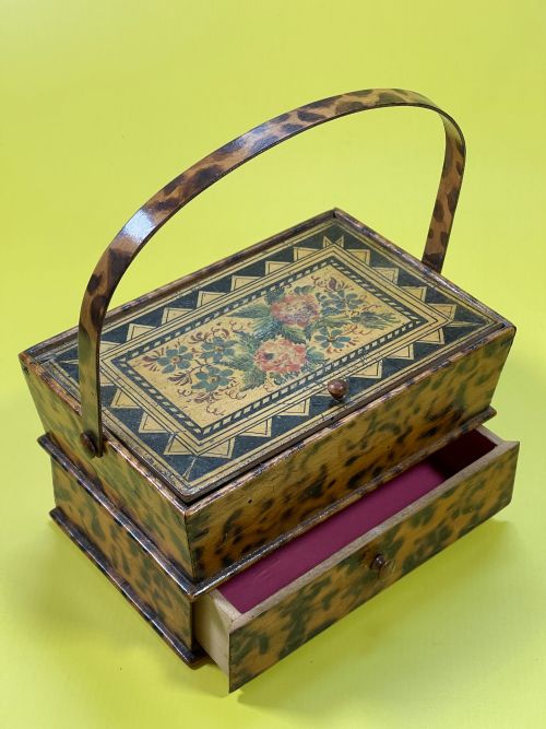 ANTIQUE POKER WORK SEWING PANNIER WITH DRAWER - ADDITIONAL PHOTO 2