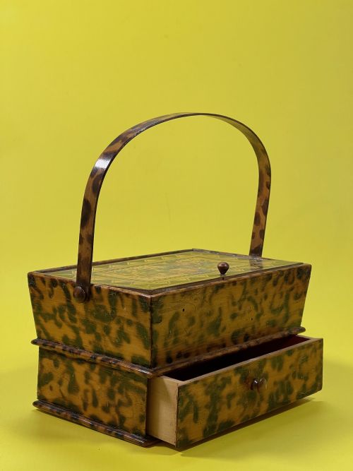 ANTIQUE POKER WORK SEWING PANNIER WITH DRAWER - ADDITIONAL PHOTO 3