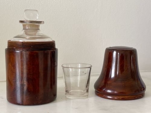 ANTIQUE TREEN FRUITWOOD BOTTLECASE GLASS BOTTLE BEAKER - ADDITIONAL PHOTO 1