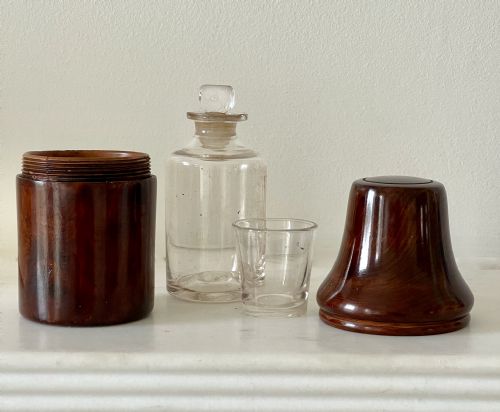 ANTIQUE TREEN FRUITWOOD BOTTLECASE GLASS BOTTLE BEAKER - ADDITIONAL PHOTO 2