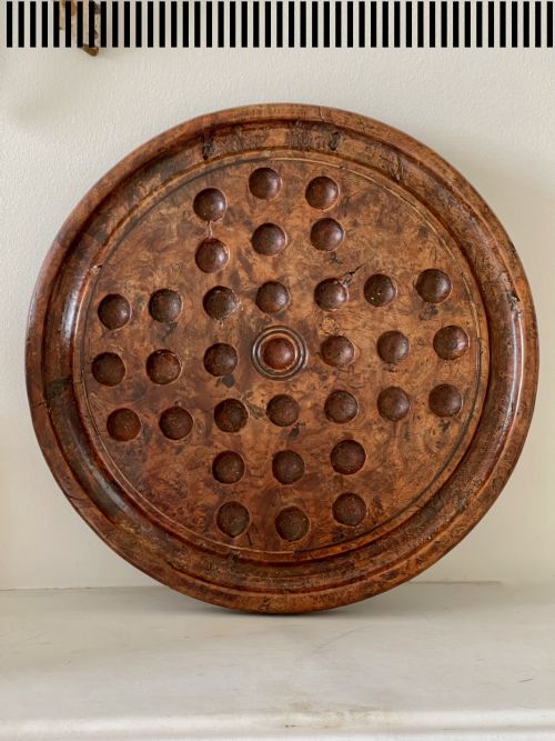 antique yew wood solitaire board with colourful clay marbles - CATEGORY: ANTIQUE MISCELLANEOUS - DATED 19TH CENTURY