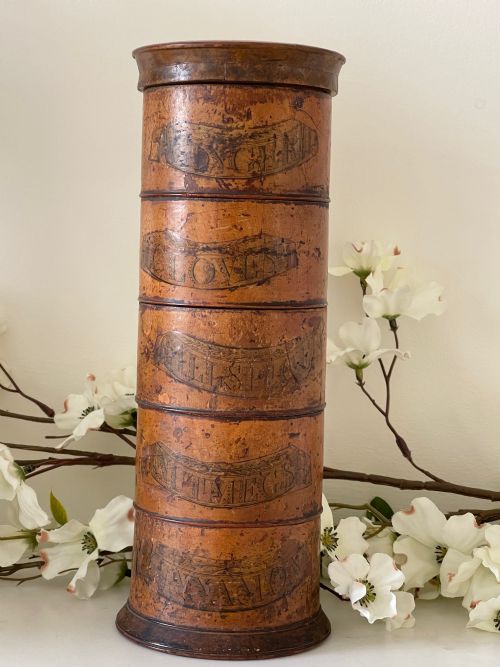 antique treen five tier spice tower original labels - CATEGORY: ANTIQUE BOXES - DATED 19TH CENTURY
