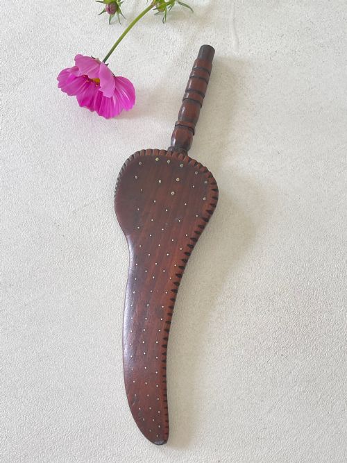 antique treen knitting sheath fro dental beautiful brass pique work - CATEGORY: ANTIQUE MISCELLANEOUS - DATED 19TH CENTURY