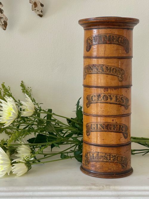 ANTIQUE TREEN FIVE TIER SPICE TOWER ORIGINAL LABELS - ADDITIONAL PHOTO 2