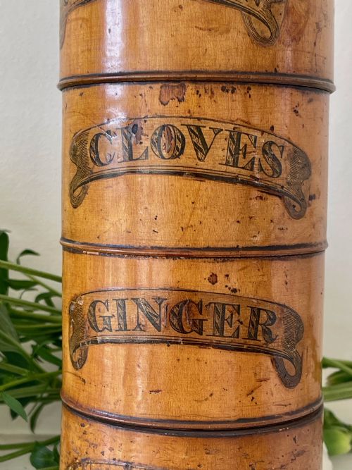 ANTIQUE TREEN FIVE TIER SPICE TOWER ORIGINAL LABELS - ADDITIONAL PHOTO 3