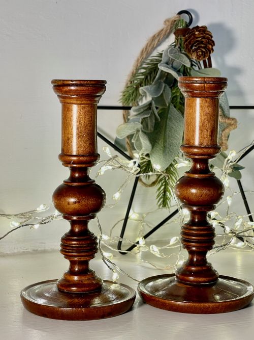 antique treen pair of taper candlesticks applewood - CATEGORY: ANTIQUE LIGHTING - DATED 19TH CENTURY