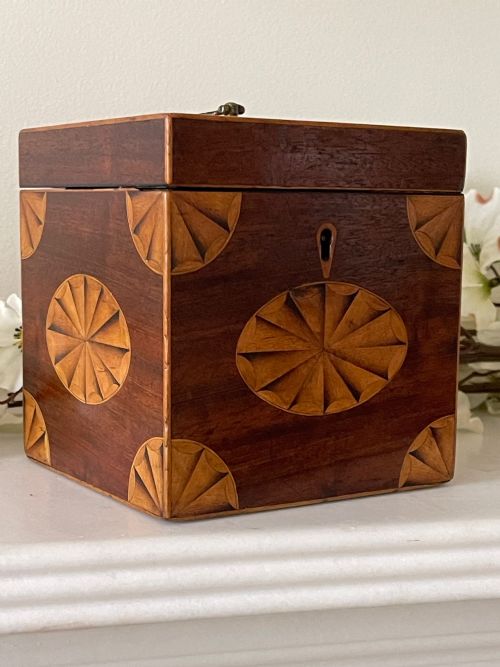 a georgian mahogany inlaid tea caddy - CATEGORY: ANTIQUE BOXES - DATED GEORGIAN