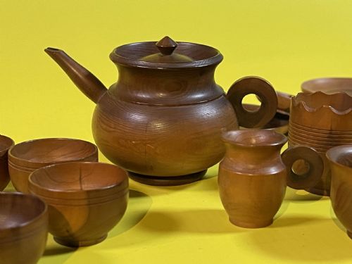 an antique cedar wood miniature tea set - CATEGORY: ANTIQUE MISCELLANEOUS - DATED 19TH CENTURY