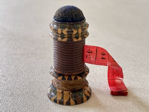 antique tunbridge ware waxer pin cushion tape measure retaining manufacturers label - CATEGORY: ANTIQUE MISCELLANEOUS - DATED 19TH CENTURY