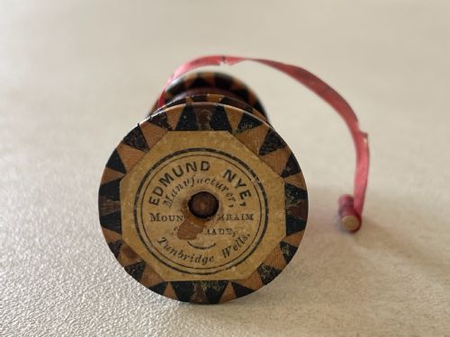 ANTIQUE TUNBRIDGE WARE WAXER PIN CUSHION TAPE MEASURE RETAINING MANUFACTURERS LABEL - ADDITIONAL PHOTO 1