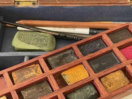 AN ANTIQUE ARTIST'S PAINT BOX WORKING KEY OLD RECEIPT LOTS OF CONTENTS - ADDITIONAL PHOTO 3