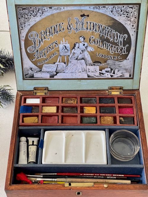 AN ANTIQUE ARTIST'S PAINT BOX WORKING KEY OLD RECEIPT LOTS OF CONTENTS - ADDITIONAL PHOTO 10