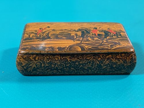 ANTIQUE SCOTTISH PENWORK SNUFF BOX HUNTSMEN HOUND FOX - ADDITIONAL PHOTO 4