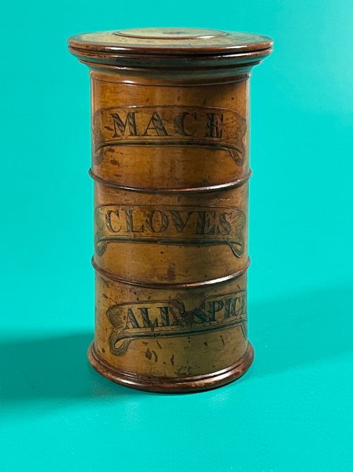 antique treen spice tower original labels - CATEGORY: ANTIQUE BOXES - DATED 19TH CENTURY