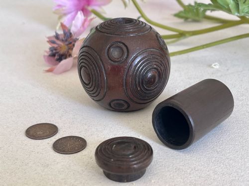antique treen puzzle ball with old coins inside - CATEGORY: ANTIQUE MISCELLANEOUS - DATED 19TH CENTURY