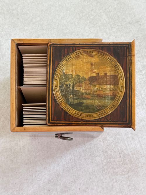AN ANTIQUE TUNBRIDGE WARE BOX WISE MANUFACTORY LABEL HAND WRITTEN CARDS INSIDE - ADDITIONAL PHOTO 7