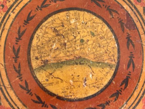 AN ANTIQUE TUNBRIDGE WARE TRAVELLING MIRROR WITH OLD LABEL - ADDITIONAL PHOTO 2