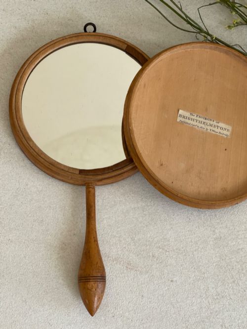 AN ANTIQUE TUNBRIDGE WARE TRAVELLING MIRROR WITH OLD LABEL - ADDITIONAL PHOTO 3
