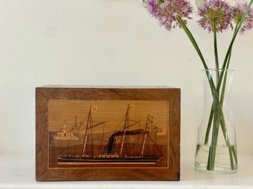 An Antique Trinity House Money Box- Inlaid with Ships and a Lighthouse