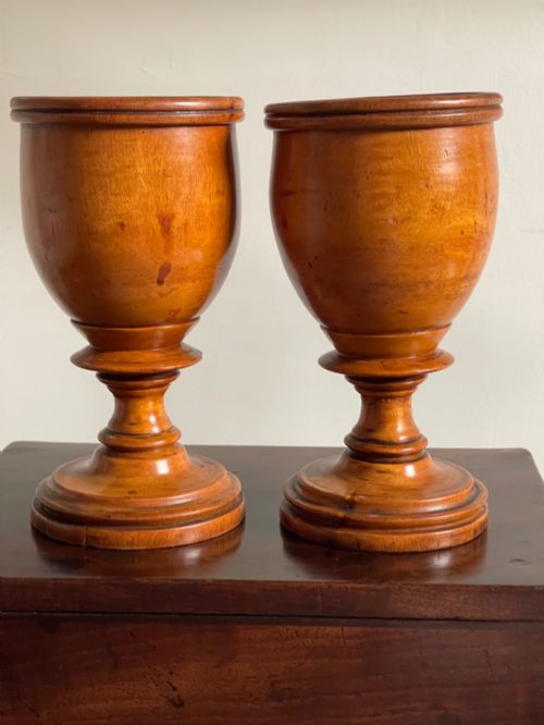 An Antique Treen Pair of Fruit Wood Goblets