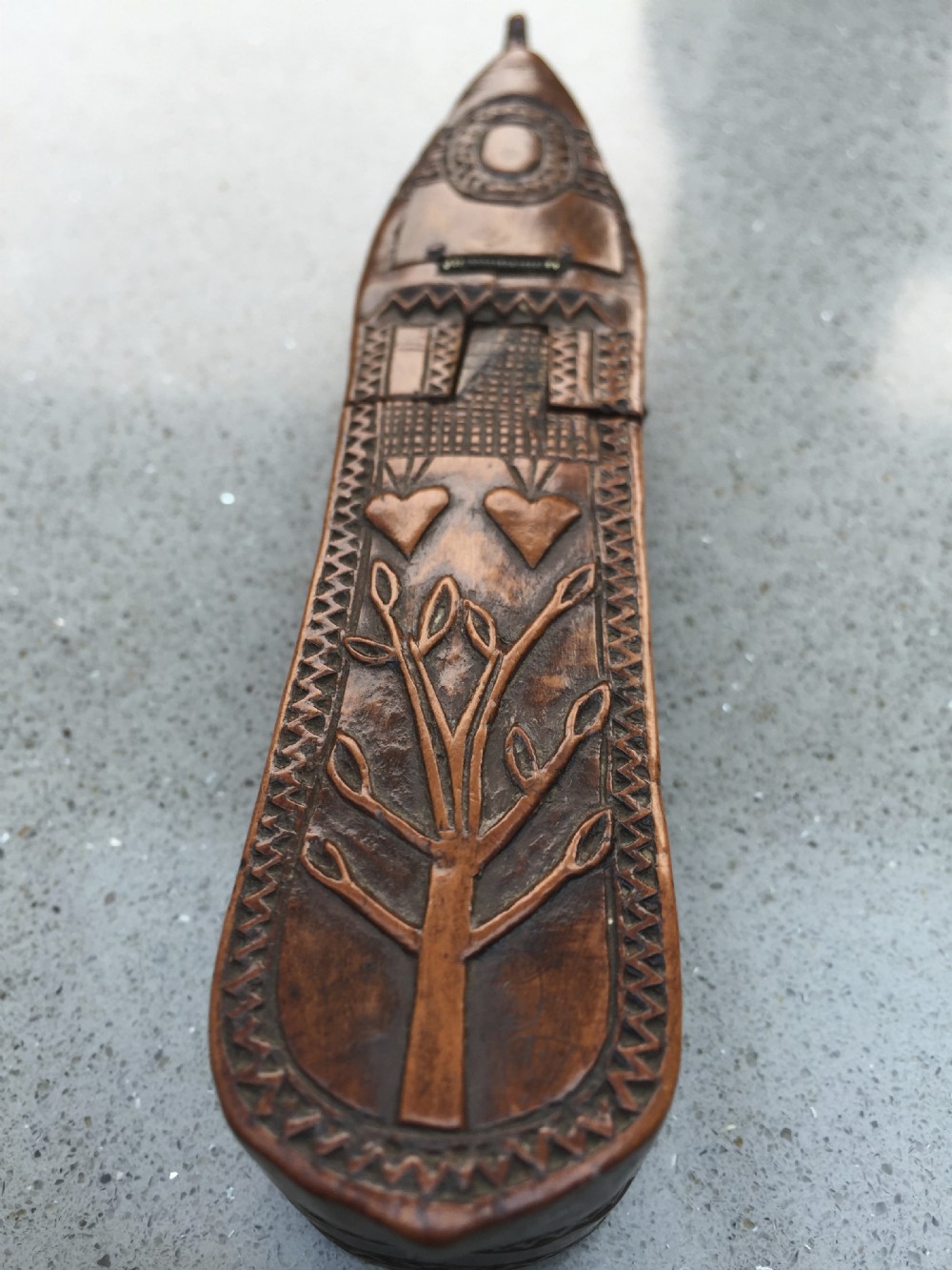 A very unusual double opening antique snuff shoe box