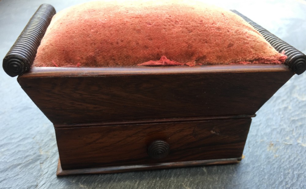 A lovely rosewood sewing/ pin cushion box with scissors, thimble etc