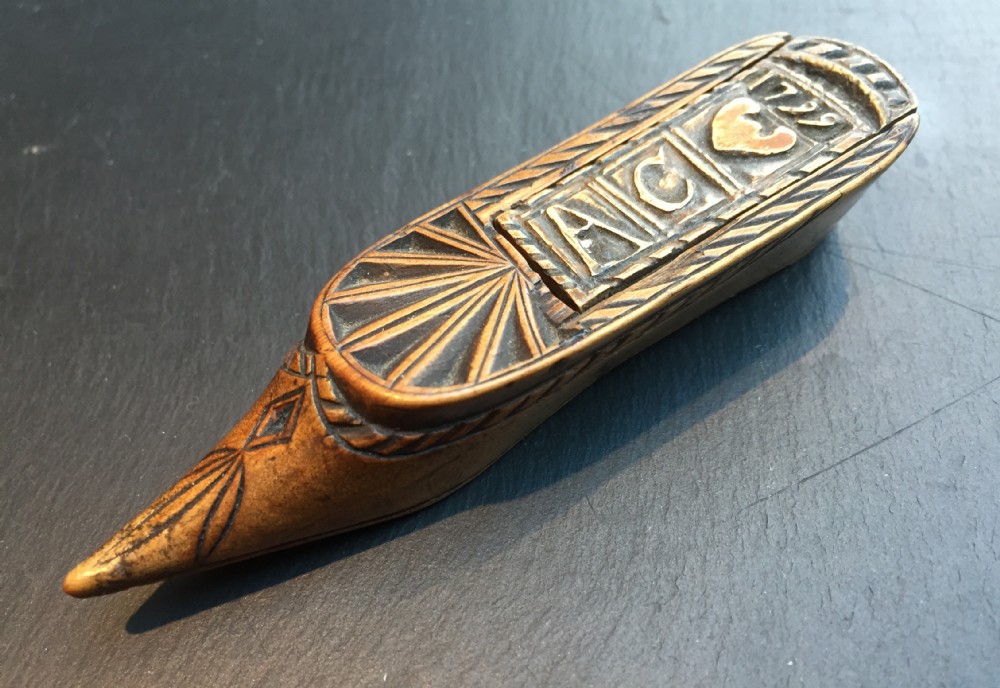 A Rare carved dated snuff shoe 1799