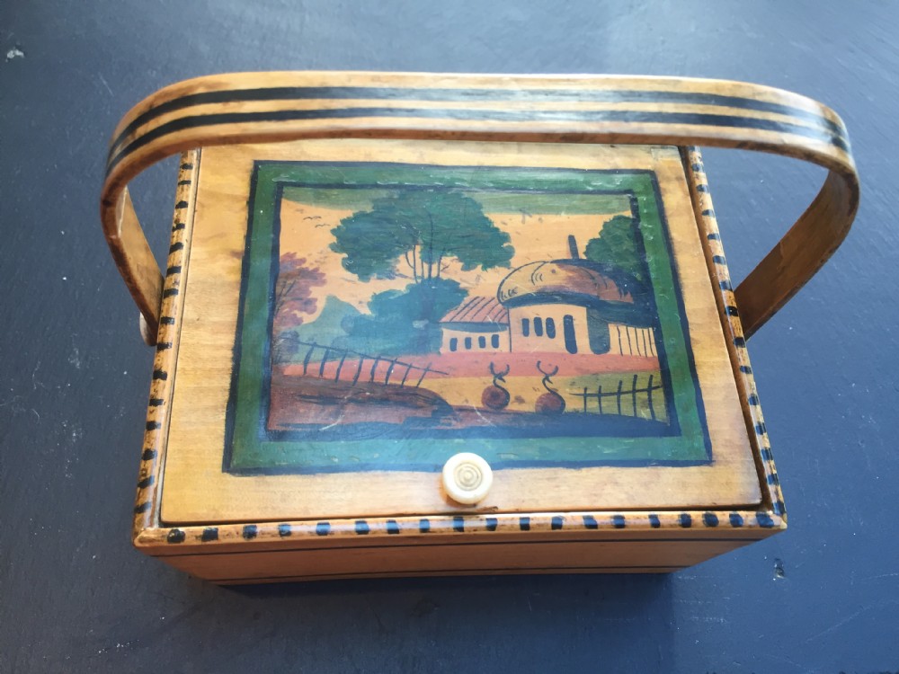 A Small antique  painted Tunbridge Ware Sewing Basket