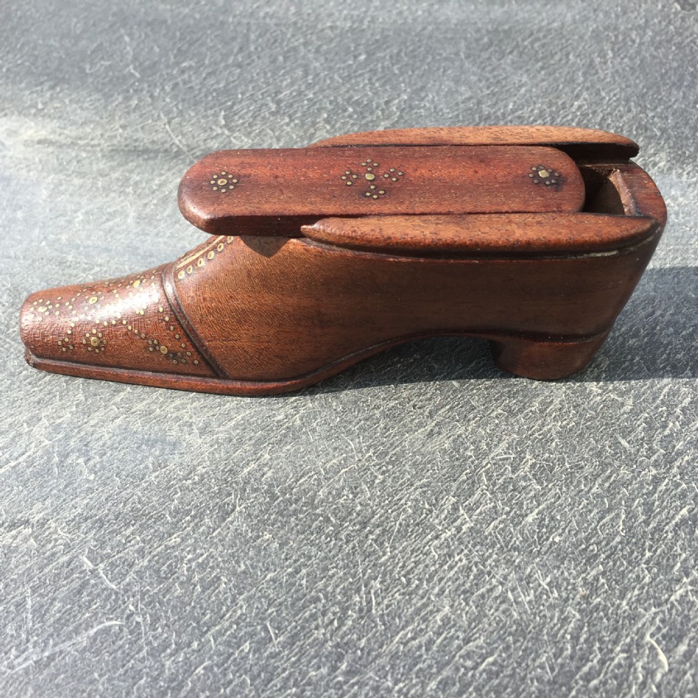 Antique Mahogany Snuff Shoe with brass pique work.