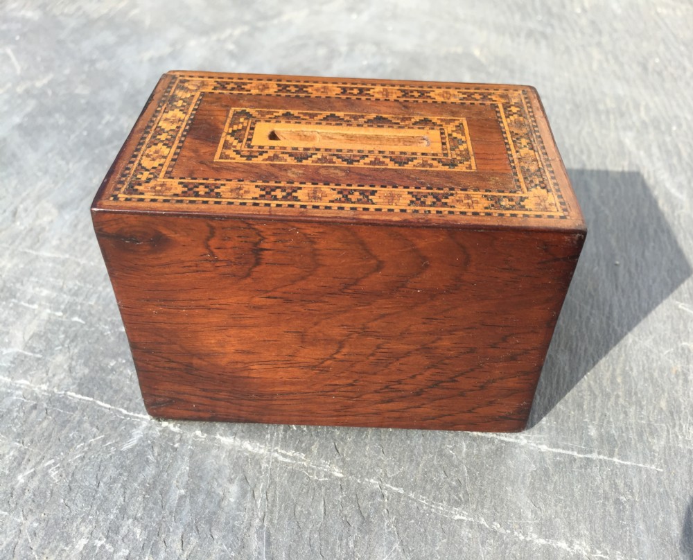 A Tunbridge Ware money box,