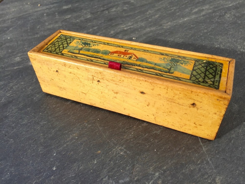An early 19th century Tunbridge Ware painted cotton reel box