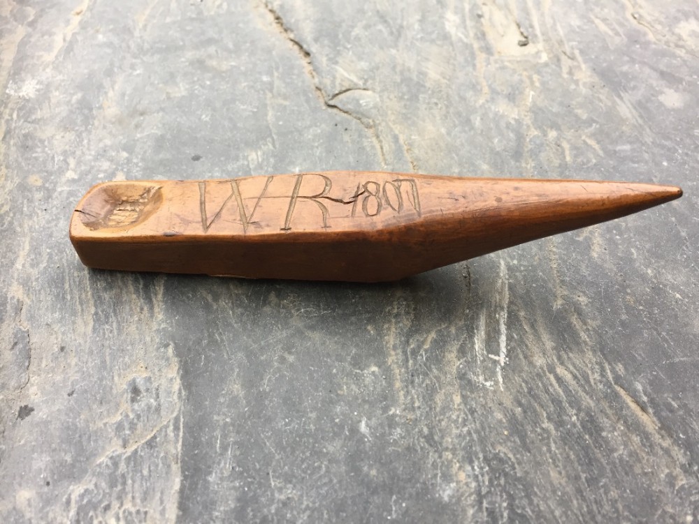 A rare antique  treen pipe or spoon rest - dated 1807