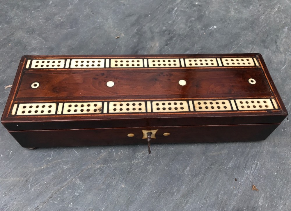 Antique Yew Wood Cribbage Box
