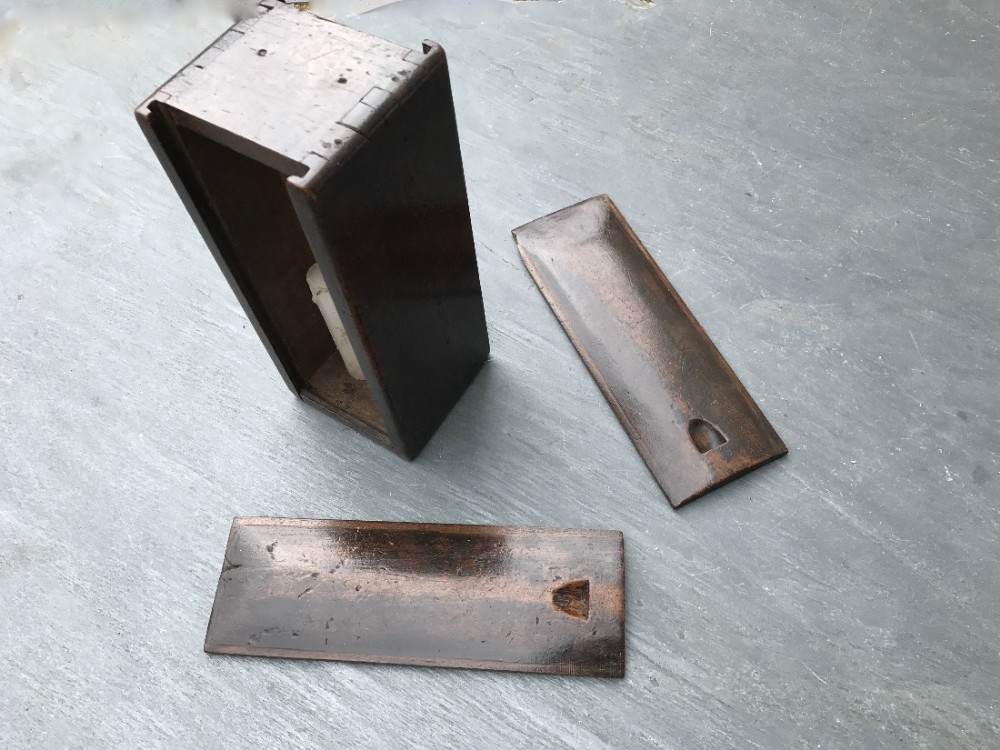 An unusual 19th century double sided opening walnut candle box and spill box. 