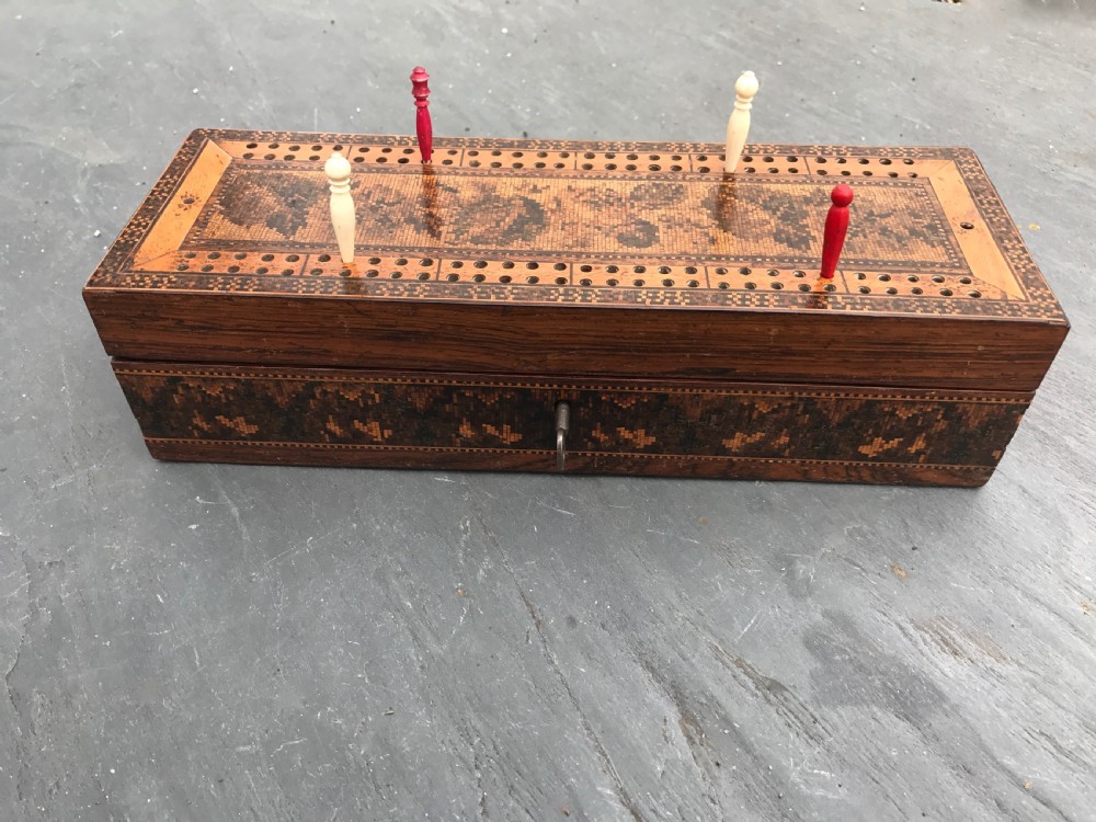 An antique Tunbridge Ware cribbage box