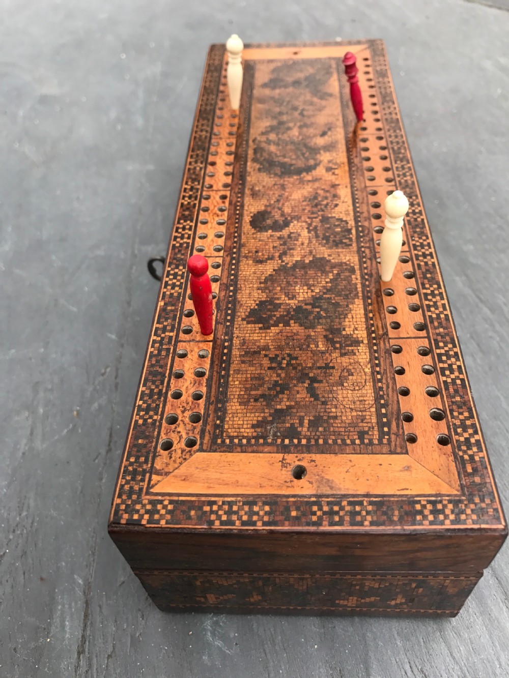 An antique Tunbridge Ware cribbage box View II