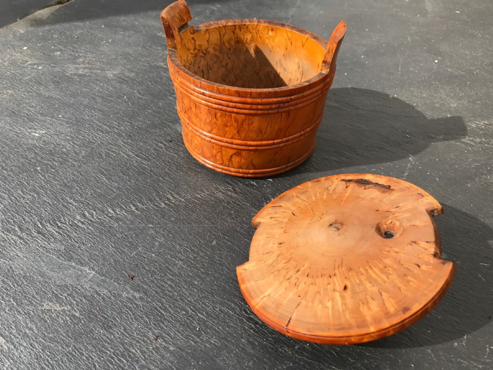 An antique treen 19th century lidded butter dish - masur birch View III