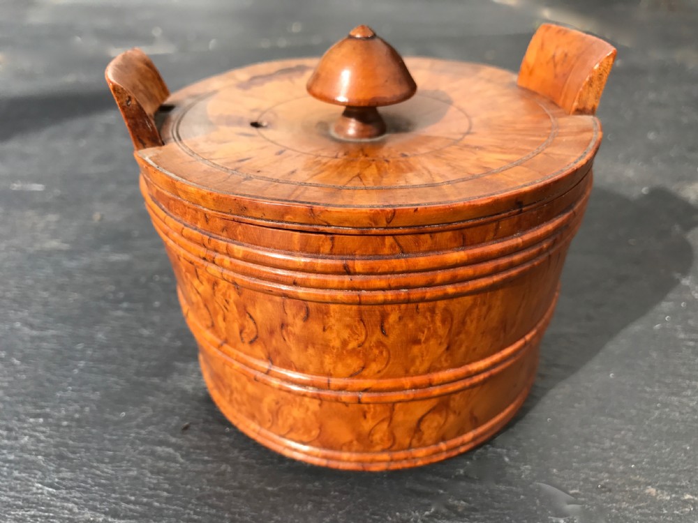 An antique treen 19th century lidded butter dish - masur birch View VI