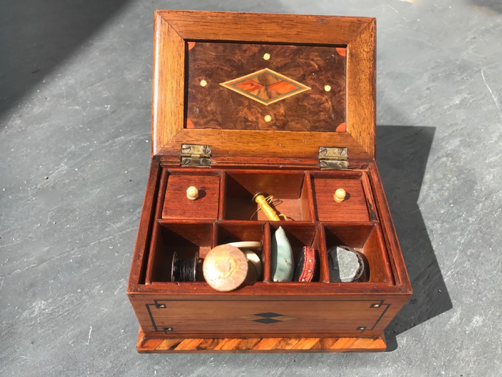 A Victorian miniature sewing box with bead work pin cushion top  View IV