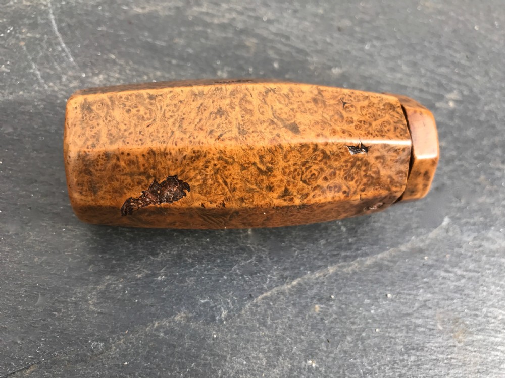 A burr birch early 19th century barrel shaped snuff box - trick opening View IV