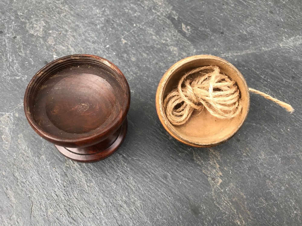 An antique novelty string box in the form of an egg cup or acorn! View II