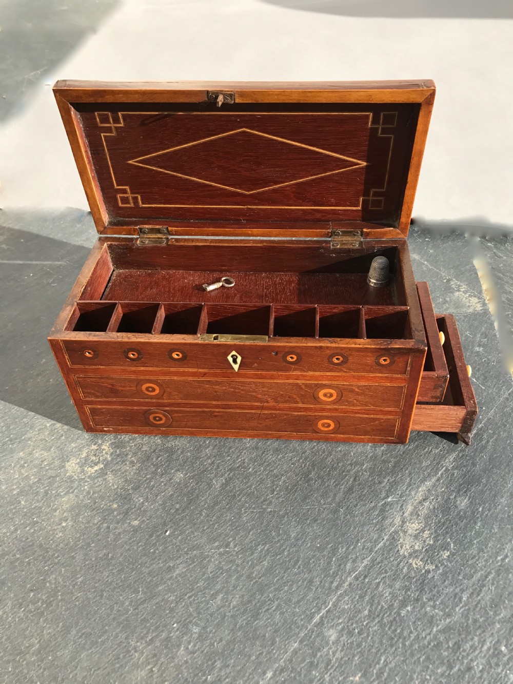 A Georgian Sewing Box - Locking drawers, pin cushion, cotton reel compartments etc View III